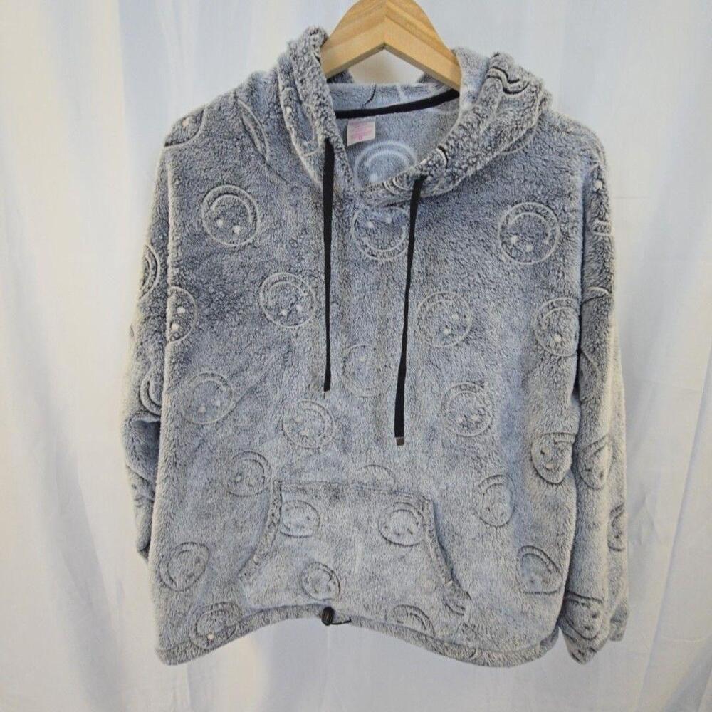 No Boundaries Hoodie Juniors XXL 19 Gray Smiley Face Sherpa Fleece Pullover